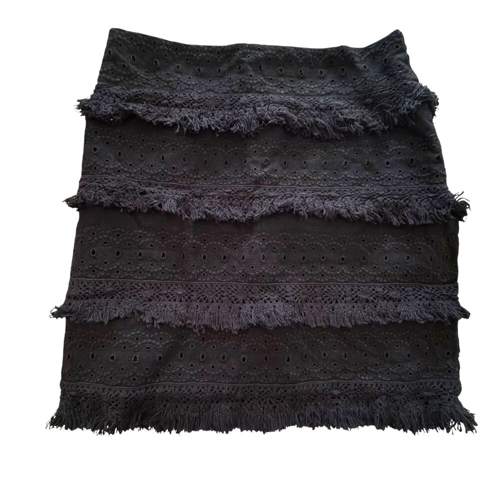 HD In Paris Anthropologie Eyelet Fringe Linen Blend Mini Skirt Black 4